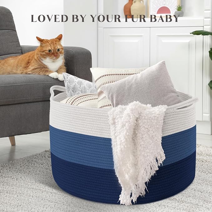 Maliton Woven Rope Blanket Basket Living Room, Storage Basket for Toy, 90L | 22"x14" Cotton Rope Basket. Holds blankets, Toys & Towels & Laundry. For Bedroom, Nursery, Bath & Playroom. Soft & Durable
