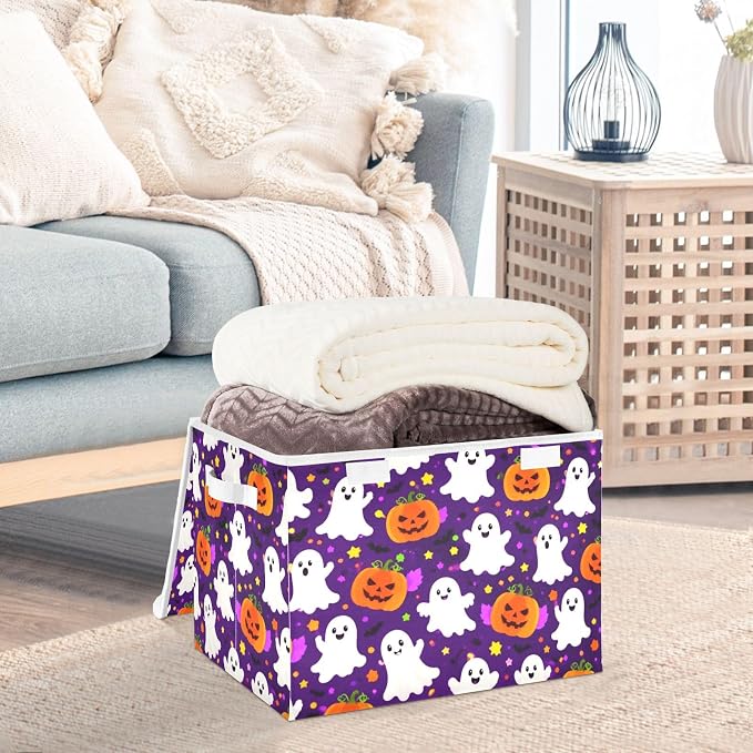 Halloween Pumpkin Storage Bins with Lids Closet Bedroom 40L Storage Basket | Decorative Storage Boxes, Foldable & Stackable, Dust-Proof Flip Top, Reinforced Handles, For Home & Dorm, Clothes & Toy Box