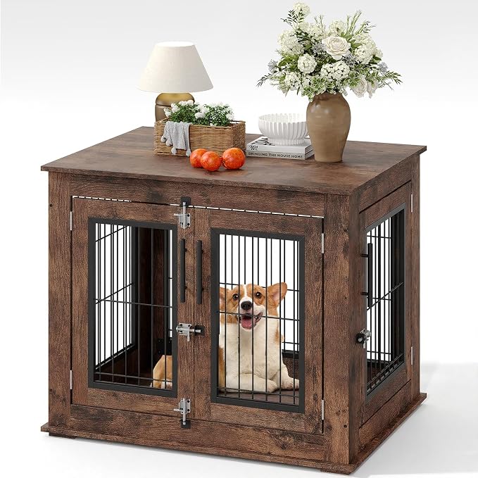 Farmhouse Dog Crate Furniture End Table - Heavy Duty Wooden Kennel Cabinet with Double Doors for Small/Medium Dogs, Rustic Brown Indoor Dog House Furniture Console for Living Room