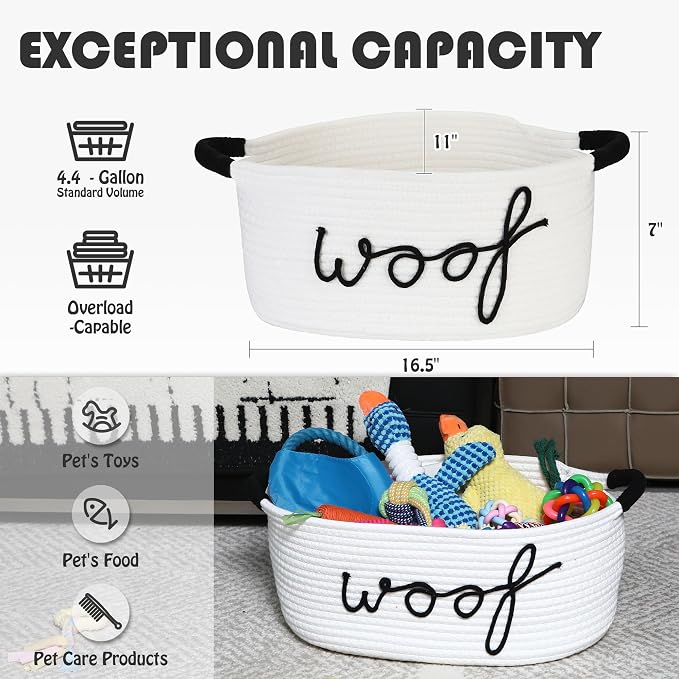 Sea Team Dog Toy Storage Basket with Handles, White Woof | Large Cotton Rope Storage Bin, Shelf Basket, Organizer for Pet Chew Toys, Foods, 16.5 x 11 x 7 Inches, 4.4 Gallons