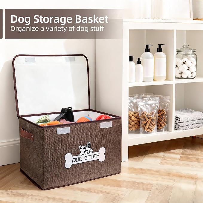 Dog Toy Basket with Lid, Collapsible Box for Pet Accessories | Storage Bin for Living Room, Fabric Container with Handle, Organizer for Small Medium dogs, Coffee