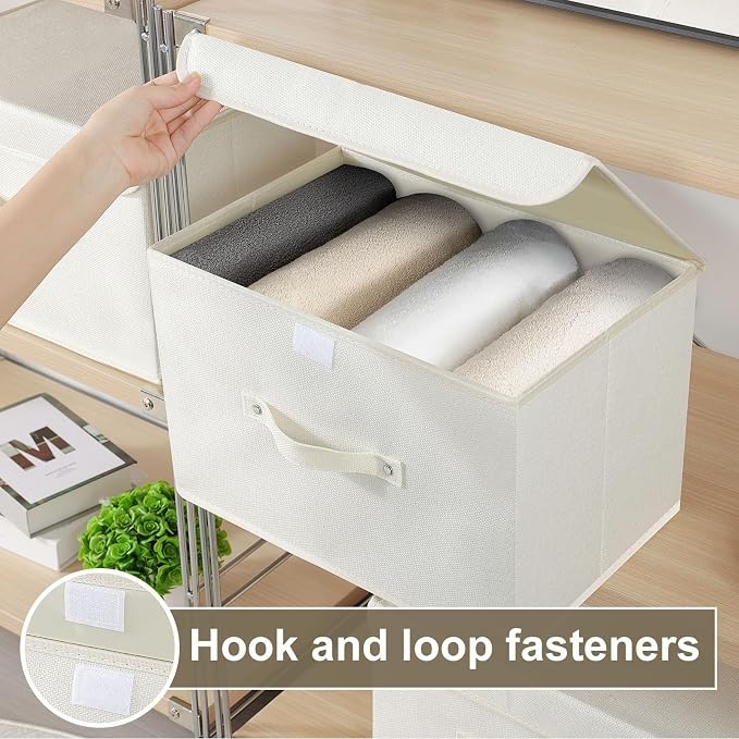 Cloth Storage Baskets with Handles,Beige 15x9.8x9.8in,1 Pack | Storage Boxes with Flip-Top Lids,Washable PP Panel Cube Drawer Organizers,Collapsible Underwear Divider Bins for Home