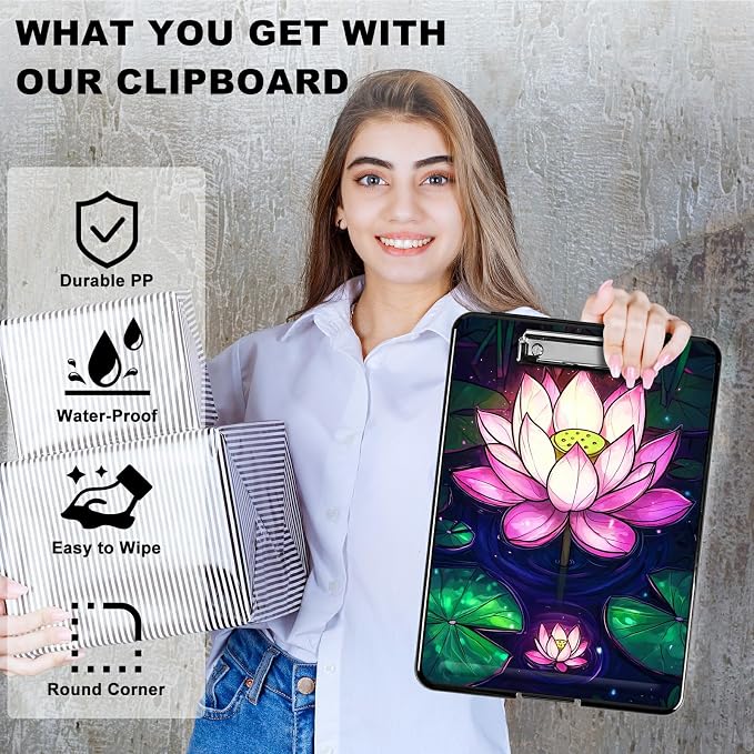 Pink Lotus Flower A4 Clipboard with Storage Pen Holder, Clipboards Organizer Nursing Clipboard Foldable File Folder Plastic Clipboard Folio Clip Board for Office Students Classroom Doctor