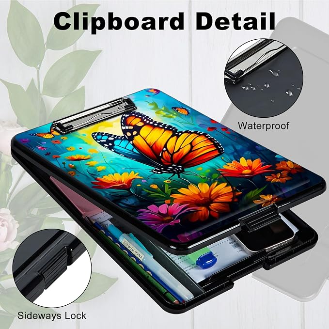 Butterfly Blue Sky A4 Clipboard with Storage Pen Holder, Clipboards Organizer Nursing Clipboard Foldable File Folder Plastic Clipboard Folio Clip Board for Office Students Classroom Doctor