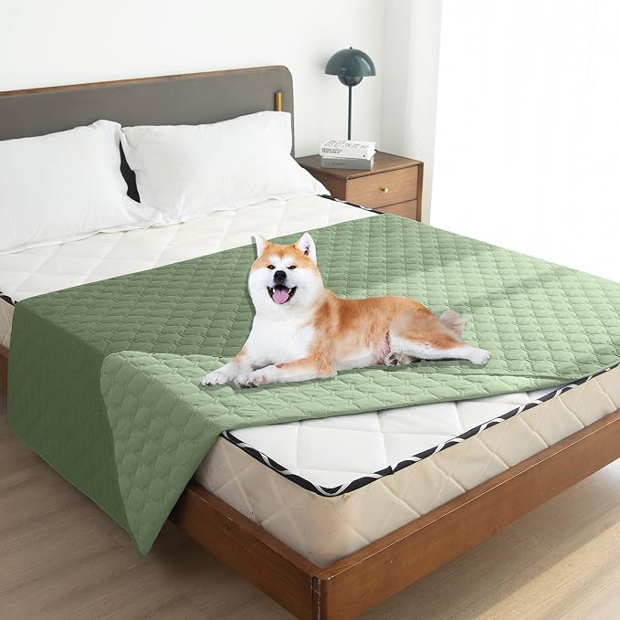 gogobunny Waterproof Dog Blankets for Large Dogs, Pet Bed Cover Breathable | Washable Pee Pads, Quilted Throw Blanket, Furniture Protector for Couch Sofa Bed Car, 82x82 Inch Dark/Light Green