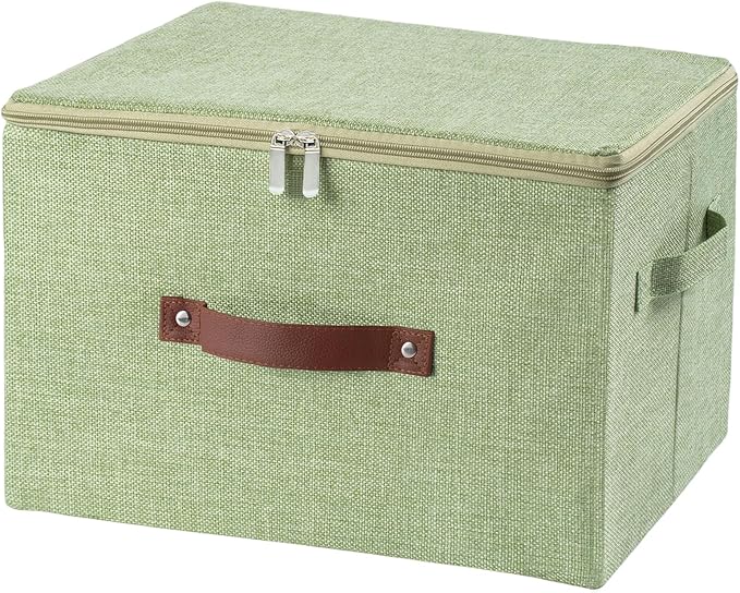 Storage Bins with Zipper Lid Decorative Lidded Box Fabric Baskets | Collapsible Shelf Closet Organizer Container, Cotton Linen Fabric Boxes, PU Leather Handle, Stackable Washable (Green, Large)