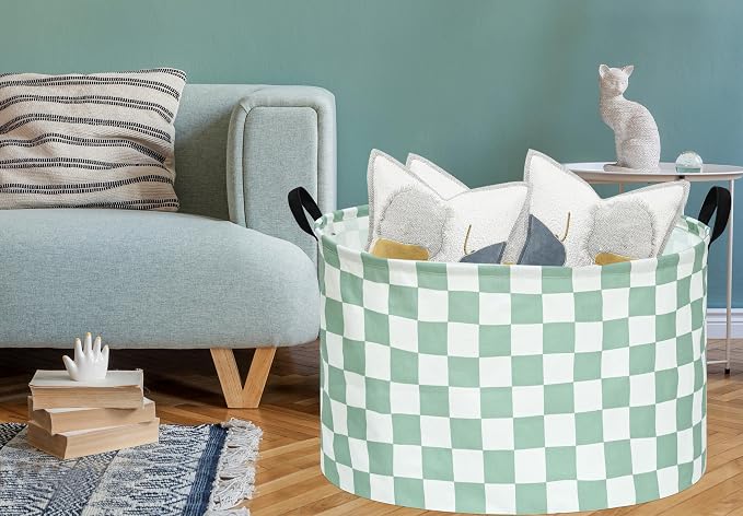 MAIZMZ Sage Checkered Storage Basket Extra Large 80L Kids Hamper Baby Laundry Basket Waterproof Toys Car Organizer Collapsible Canvas for Home/Dorm/Pet/Office/Closet/Shelf/Gift Baskets