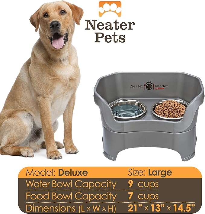 Neater Pet Brands Neater Feeder Deluxe Mess Proof Dog Bowls Elevated for Large Dogs Over 40 lbs, Made in USA, No Spill Raised Dog Food Bowl Stand Feeding Station, Food and Water Bowl Set, Gunmetal