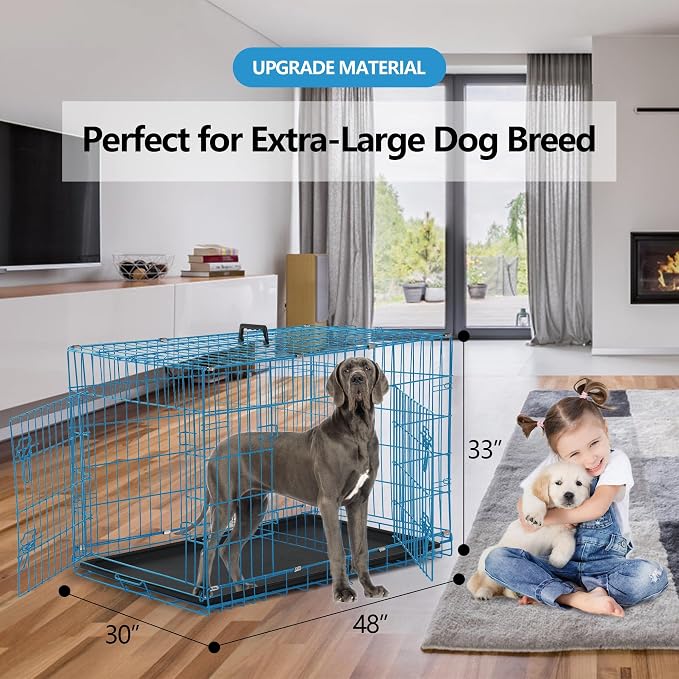 Heavy Duty Large Dog Crate, 48 Inch Dog Crates for Large Dogs, Metal Wire Folding Dog Cage with Removable Trays, Locks, Double-Door, Divider Panel, Handle, XXL Dog Crate Pet Crate (48 in, Blue)