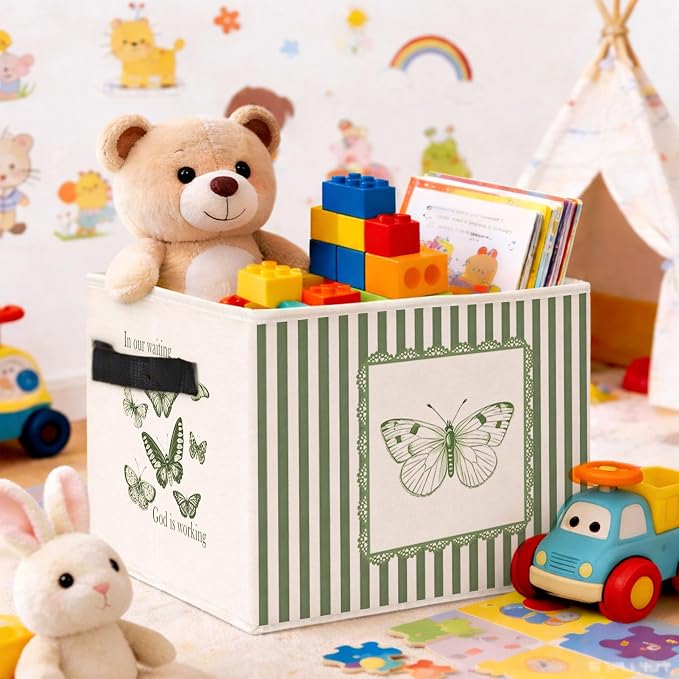 Butterfly Storage Bin, Foldable Fabric Basket for Kids Room Nursery | Foldable fabric storage bin with butterfly faith design for toys, books, clothes, nursery, bedroom, and playroom use.