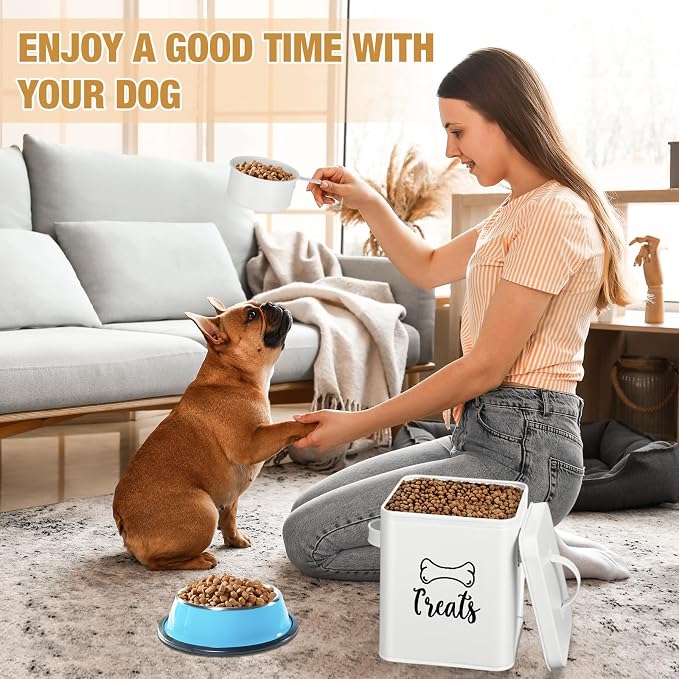 Teenyyou 2 Pcs Metal Dog Treat Containers with Airtight Lids and Spoon 7+3 Lbs Dog Food Snack Jars with DIY Labels Big Pet Cookie Storage Jar for Kitchen Counter (White)