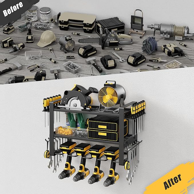 Power Tool Organizer Wall Mount, 150LBS Capacity, 3 Tier, 4 Drill Holders | 3-Tube Reinforced Design, Holds 50+ Tools, Cordless Tool Organizer, Rust Resistant, Quick Assembly, Garage Gift for Men