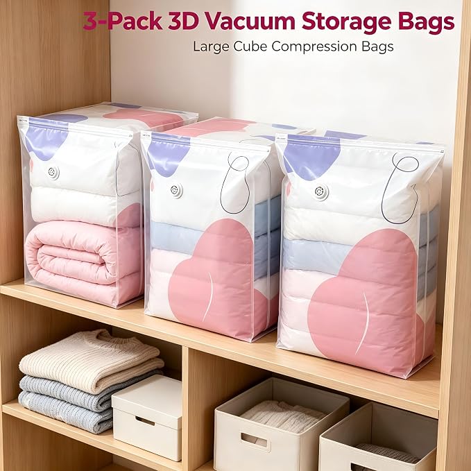 Pump storage bags 3 Pcs Large Cube Compression Space Saver Bags | upright PET+PE compression bags for clothes comforters and blankets; reinforced base double zip seal reusable