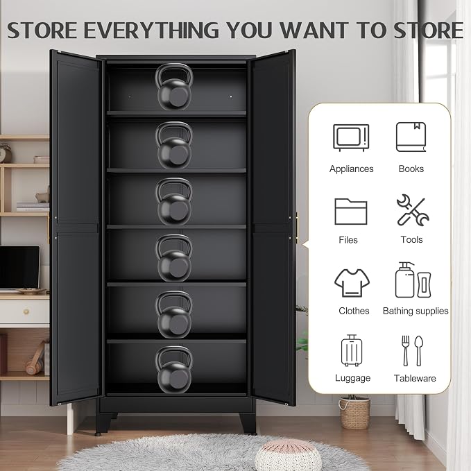 GAIOUS 75.2" Tall Storage Cabinet,Metal Pantry Storage Cabinets with 2 Door | and 5 Adjustable Shelves, Black Kitchen Food Cabinet, Metal Utility Cabinets for Kitchen, Dinning Room, Laundry Room