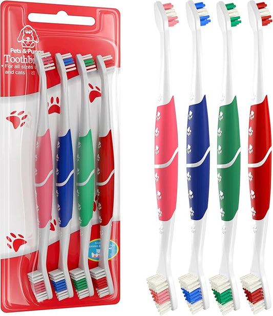 Pet Toothbrush for Dogs, Cats with Soft Bristles - Easy Teeth Cleaning & Dental Care, Non Slip Dual Head Dog Toothbrush for Medium & Large Pets, Toothpaste Not Included (Pack of 4(Multi))