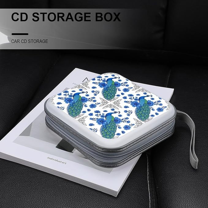 DVD Storage Binder for 40 Discs Peacock And Vintage Botanical, Hard Shell Protective Wallet with Handle, Portable CD Organizer for Car Travel