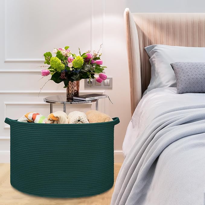 Large Cotton Rope Blanket Basket, 87L Laundry Hamper, Dark Green