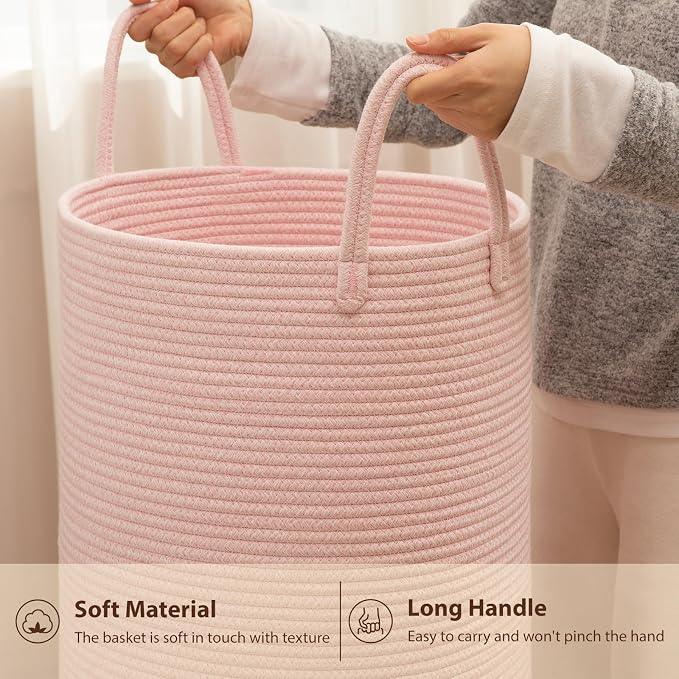 OIAHOMY 100L Nursery Hamper Laundry Basket Laundry Hamper Pink | collapsible Blanket Basket Cotton Rope Woven Basket Dirty Clothes Hamper Baby Hamper Tall Clothes Hamper with Handles