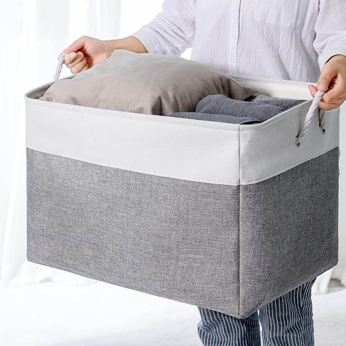 Storage Bins Baskets for Organizing, 20.5L×15.7W×13.8H 3 Pack Sturdy Fabric Storage Basket W/Handles, Decorative Foldable Storage Baskets for Shelves Closet Nursery Toy (White & Grey)