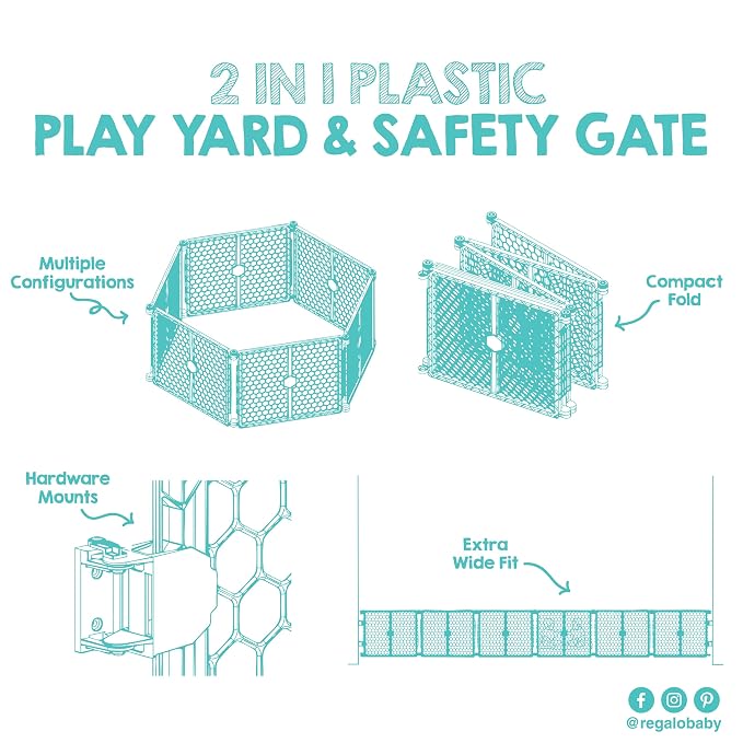 Regalo Safety 192" Plastic 2-in-1 Super Wide Baby Gate & Play Yard | Adjustable Playpen, For Doorways & Open Spaces, For Babies, Toddlers & Pets, Gray, Tested & Trusted for 30 Years