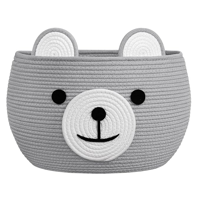 CherryNow Large Baby Basket for Gifts Empty, Cute Bear Design, Light Grey | 15.7" x 10.5" Baby Shower Basket for Kids Boys Newborn Storage, Woven Rope Toy Basket, Fits Living Room Nursery Décor
