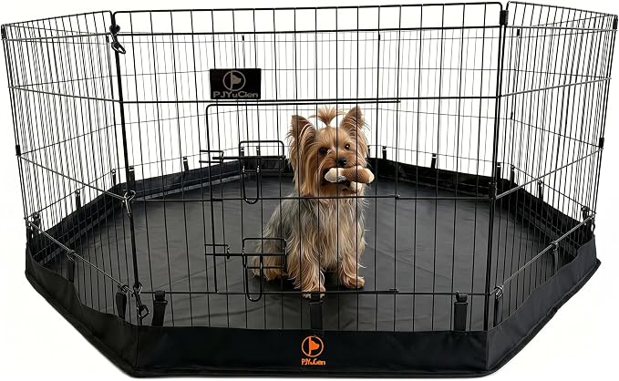 PJYuCien Puppy Playpen with Bottom Pad and Door, 8 Panels 24" H, Black | 24"W, Dual-function Pad, For Small Pets, Foldable Octagonal Pen, Versatile, Indoor & Outdoor, Backyard, Protects Floors
