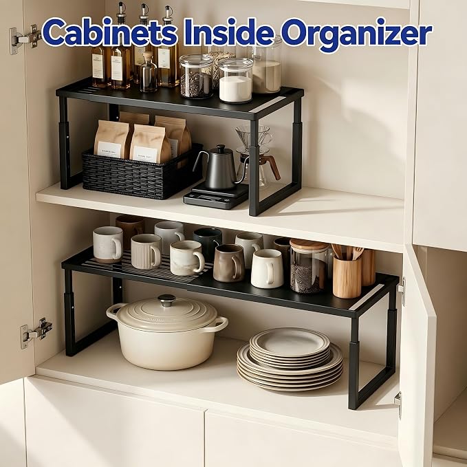 Expandable Cabinet Shelf Organizer, Stackable Countertop Shelves, Black | 15.8''- 25.5'' In Cabinet Shelf, Adjustable Kitchen Cabinet Organizer for Pantry Organizer, CupBoard Organizers and Storage