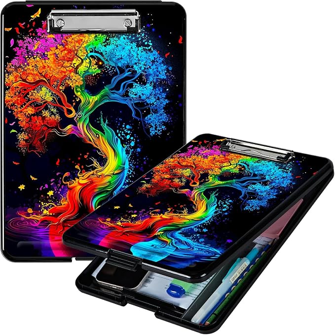 Red Blue Tree A4 Clipboard with Storage Pen Holder, Clipboards Organizer Nursing Clipboard Foldable File Folder Plastic Clipboard Folio Clip Board for Office Students Classroom Doctor