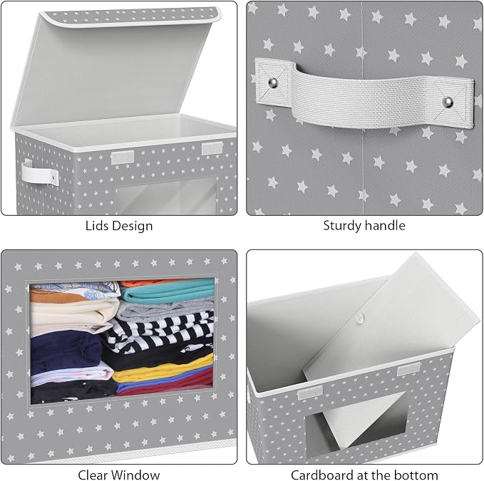 Univivi Fabric Foldable Storage Boxes with Lids, 4 Pack, Gray Star | 17 x 12 x 12 In Large Stackable Storage Bins with Lids, Closet Organizers and Storage Cube Basket for Home, Office, Bedroom