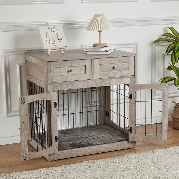 Dog Crate Furniture with Double Drawers, Wooden End Table Dog Kennel, Furniture Style Wood House Crate for Small/Medium/Large Dogs, Decorative Dog Crate with Storage for Large Breed, 40 Inch, Gray