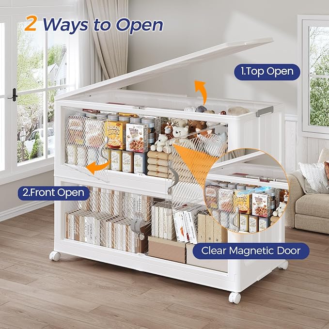 200GAL Plastic Storage Bins with Lid, 800QT Extra Large Stackable Closet Organizers and Storage, Collapsible Storage Boxes with Wheels, Folding Cabinet for Home Kitchen Office, 5Pack White