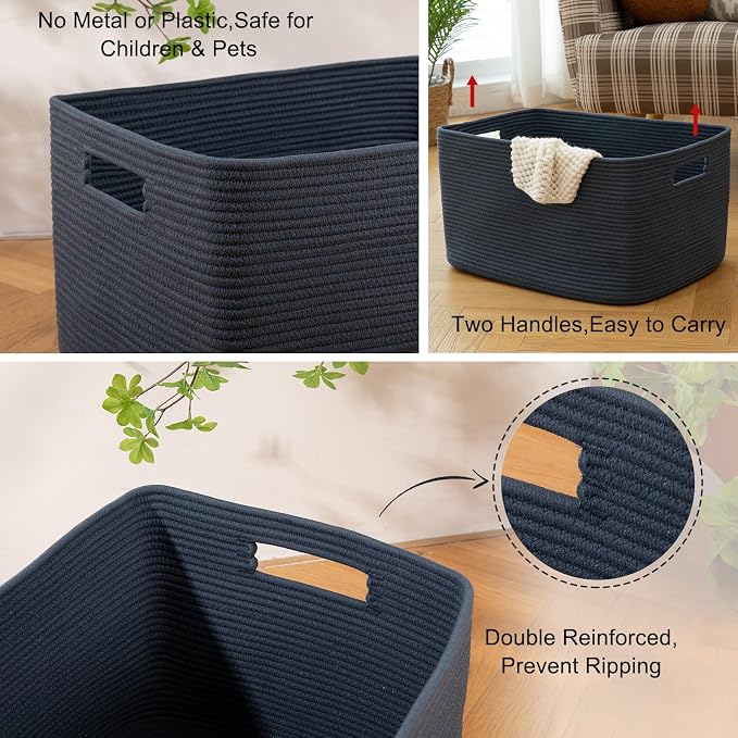 OIAHOMY 118L XXXLarge Rope Storage Basket, Oversized Blanket Basket Blue | 25" x 17" x 16" Used for Organizing Dirty Clothes in Living Room, Bedroom, Nursery, Extra Large Basket,Dog Toy Storage Bins