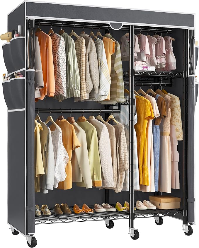 Raybee Clothes Rack with Cover, Rolling Portable Closet, 4 Hanging Zones | Heavy Duty, Tool-free Assembly, Adjustable Shelves, Lockable Wheels, Freestanding, Covered, Saving Space for Bedroom,Dorm