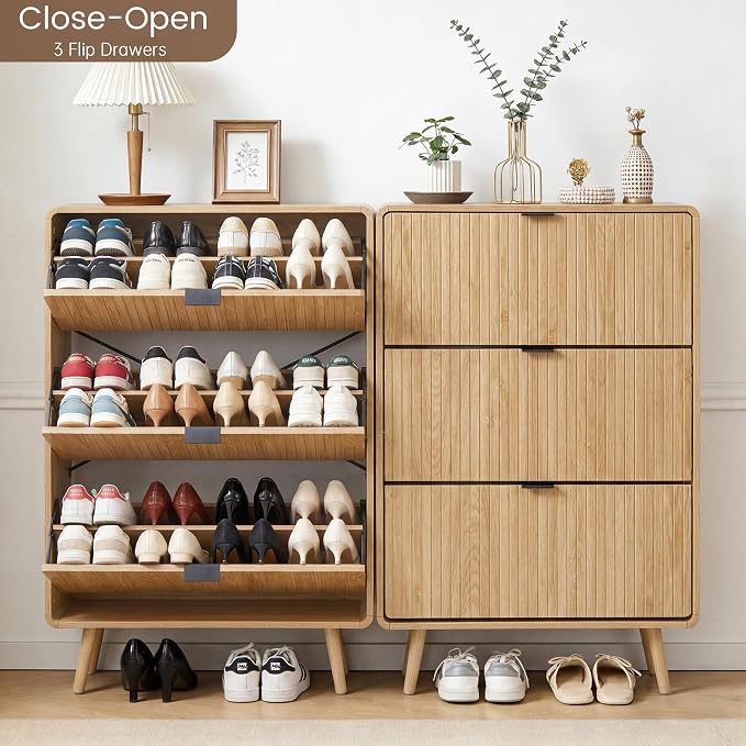 FurSch Fluted Shoe Storage Cabinet with 3 Flip Drawers, Narrow Shoe Rack Cabinet Organizer with Adjustable & Removable Shelves for Entryway (All Natural, 3 Drawers)