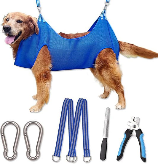 Kkiimatt 10 in 1 Pet Grooming Hammock Harness with Nail Clippers/Trimmer, Nail File, Comb,Dog Nail Hammock, Dog Grooming Sling for Nail Trimming/Clipping (XXL/Under 120lb, Blue)