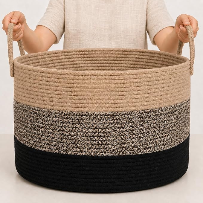 OrganiHaus Round Toy Basket & Blanket Basket, Cotton Rope 20x13" | 3-Toned Brown - Round Cotton Rope Basket, 20x13"