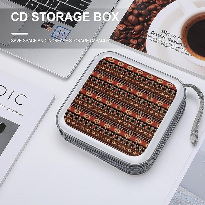 40-Disc Hard Shell Storage Wallet Southwest Native American Inspired, DVD CD Binder with Carry Strap, Portable Protective Organizer for Travel Office