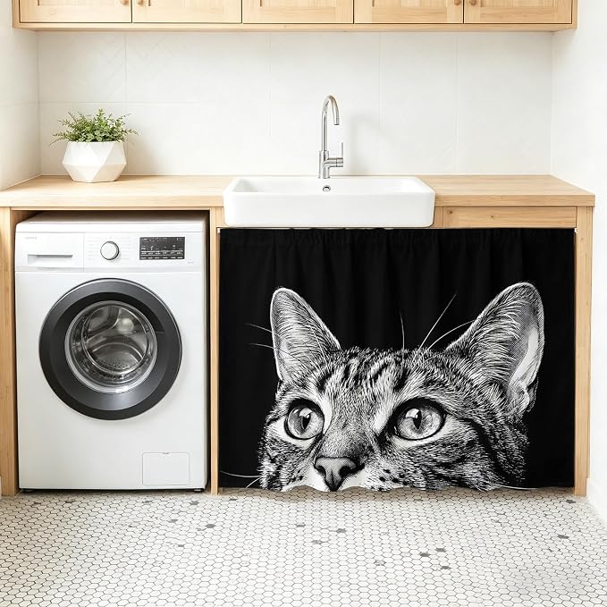 Cute Cat Small Sink Skirt 10"Wx11"L, Dustproof Under Sink Curtain with Self Adhesive Tape, Vintage Funny Pet Cat Portrait Black Cabinet Curtain Cover for Bathroom Vanity, Kitchen Storage Shelf, RV
