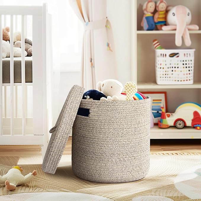 Storage Basket with Lid, Woven Blanket Storage for Living Room, Soft Cotton Rope Bin with Lid, Round Wicker Laundry Basket with Cover, Lidded Kids Dog Toy Bin, Nursery Organizer, 15" x 13"