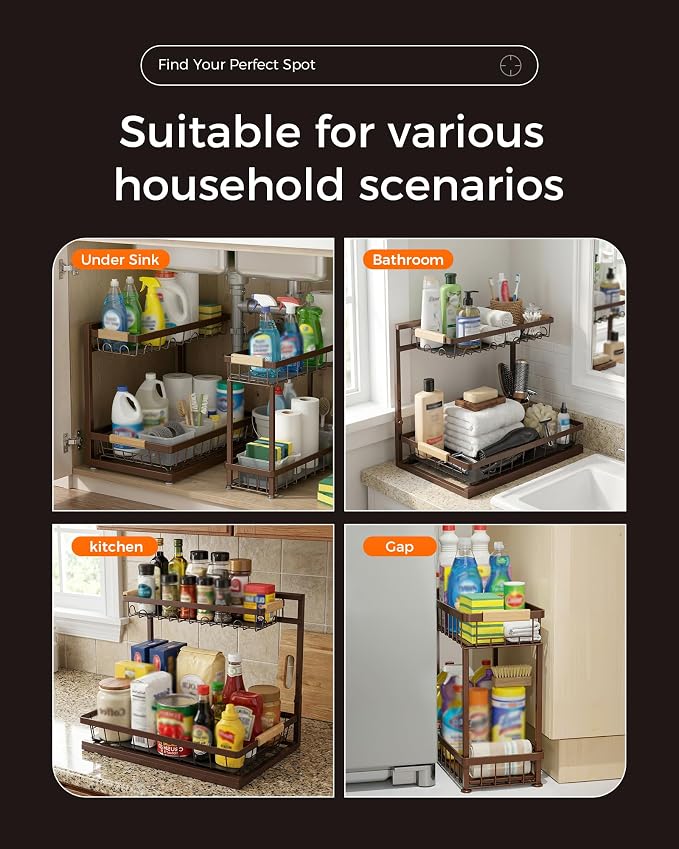 2-Pack 2-Tier Height Adjustable Under Sink Organizer & Storage (Brown)