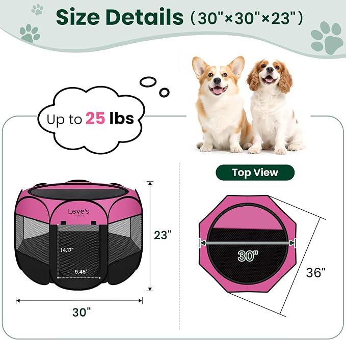 Love's cabin Pet Puppy Dog Playpen, Medium Dog Tent Crates Cage Indoor/Outdoor, Portable Playpen for Cat, Foldable Pop Up Dog Kennel Playpen with Carring Case, Removable Zipper Top, Pink
