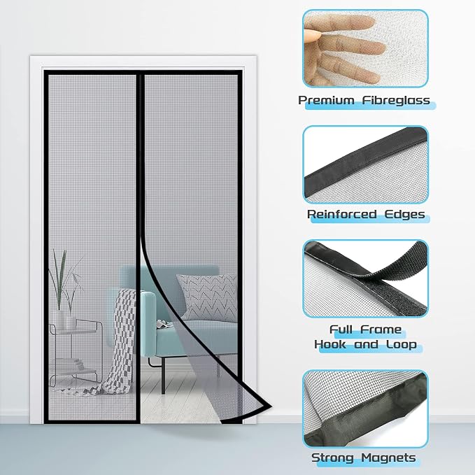 TheFitLife Fibreglass Magnetic Screen Door, Heavy Duty Mesh Curtain | 48"x83" - Fits Doors up to 46"x82" Max, Gray, with Full Frame Hook & Loop Powerful Magnets, Pet & Kid Friendly, Hands Free