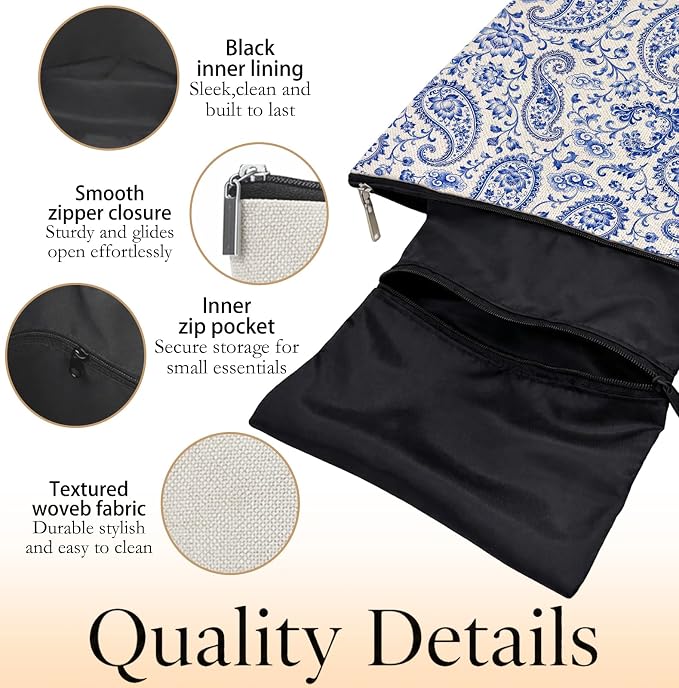Boho Blue Paisley Empty Mahjong Tile Bag 13x7.8 Inch | Preppy Floral Printed Portable Travel Case Organizer Zipper Pouch for American Mahjong Tiles Game Night Accessories and Gifts