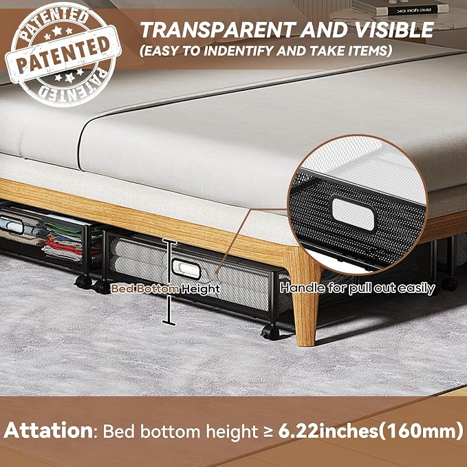 Under Bed Storage with Wheels & Handle,Metal,Large,2 Pack,Black | Tool-free assembly, glide smoothly, easy reach, foldable, maxmazie low-profile beds, dorm, keep seasonal clothes, shoes fresh