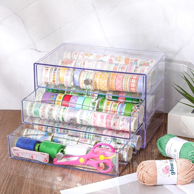 Wonderjune 1 Pack 3 Drawer Clear Washi Tape Organizer Acrylic Storage Box | 10 x 7 x 6.8 in, Divided Drawers, Clear Plastic Cube, Visible Storage for Craft Tape, Jewelry, Makeup Supplies