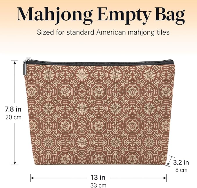 Vintage Moroccan Floral Empty Mahjong Tile Bag 13x7.8 Inch | Abstract Boho Printed Portable Travel Case Organizer Zipper Pouch for American Mahjong Tiles Game Night Accessories and Gifts