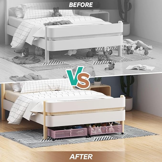 Under Bed Storage Container with Wheels,Patterned,Metal,2 Pack,Pink | Tool-free assembly, glide smoothly, easy reach, foldable, maxmazie low-profile beds, dorm, keep seasonal clothes, shoes fresh