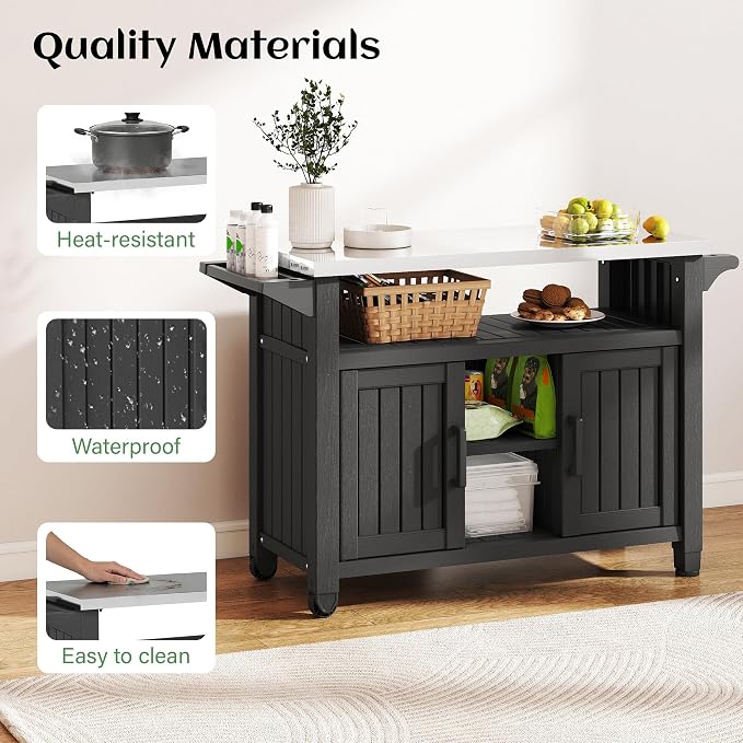 Bifanuo Outdoor Grill Table Grill Cart with Stainless Steel Top & Storage Cabinet for Food Prep and Storage, Portable and Durable with Wheels(Black)