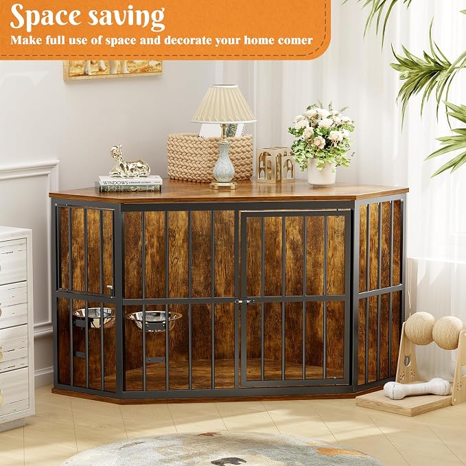 APRILSOUL 42 inch Furniture Dog Crate Corner, Wooden End Table with Bowl, Indoor Pet Crate Side Table for Dogs, Wide Top Perfect for Limited Room