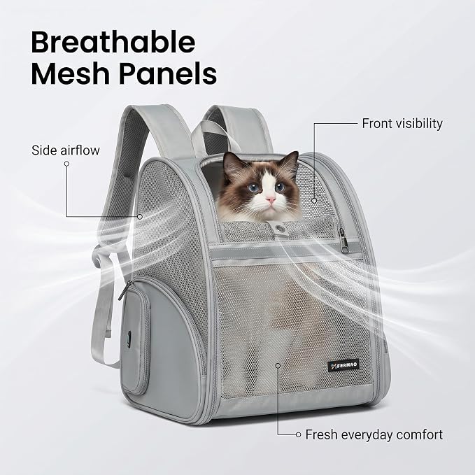 Cat Backpack Carrier for Small Dogs and Medium cat Puppy Kitten Bunny Pet Carrier Backpack Collapsible with Fully Ventilated Mesh with Safety Leash (Gray, 12.9" L x 10.62" W x 15.5" H - M)